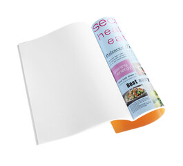 Open magazine isolated on white, above view. Mockup for design