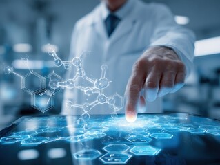 A scientist interacts with a digital interface displaying molecular structures.