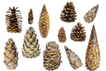 Set of Cypress Cones with Varied Sizes and Textures Isolated on White Background