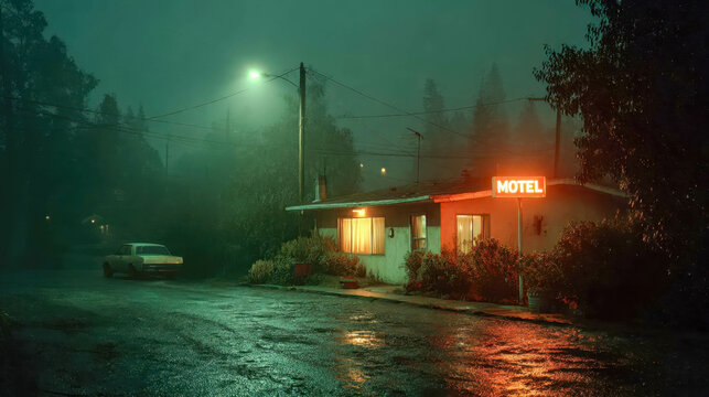 Exterior of an old, rundown motel at night, illuminated by neon signs and a streetlamp, surrounded by mist and trees - Powered by Adobe
