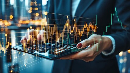 Person analyzing stock market data on tablet with financial charts and graphs overlayed on screen - Powered by Adobe