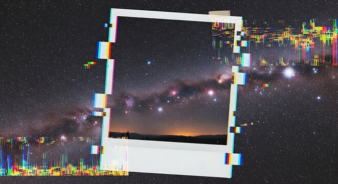 Glitch Effect Square Frame with Starry Galaxy Background