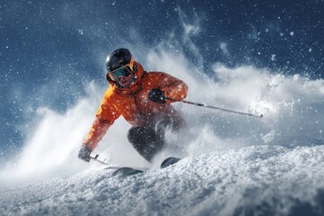 Naklejka premium Man Carving Through Fresh Powder Action-Packed Winter Sports Adventure on Skis