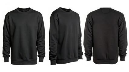 Black Crew Neck Sweatshirt Mockup: Front, Side, and Back Views, Minimalist Style