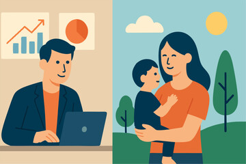 Fototapeta premium Flat Vector of Work-Life Balance Concept with Split Screen Design – Office and Family Life