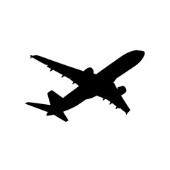Silhouette of a commercial airplane in flight against a white background symbolizing travel and aviation exploration