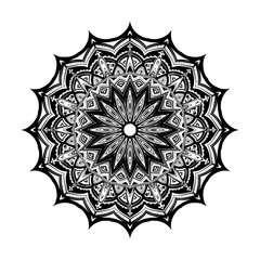 Intricate Black and White Mandala Design With Radial Symmetry and Detailed Patterns
