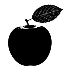 A fresh round apple with a single stem and a detailed leaf illustration in black and white