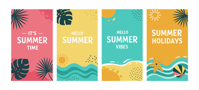 Vibrant summer collection of vertical graphic banners featuring tropical leaves, sunny beaches, and vacation themes for social media stories.