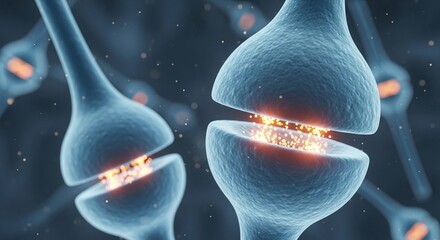 A close up view of neuron synapses with glowing neurotransmitters in a dark blue background