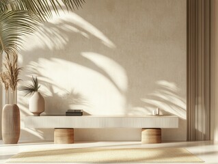 high definition picture of minimal geometric podium display with cream backdrop palm leaf shadows modern product showcase 3d render high detail 8k