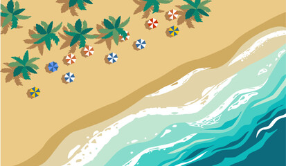 beach view from top with umbrellas, trees and waves