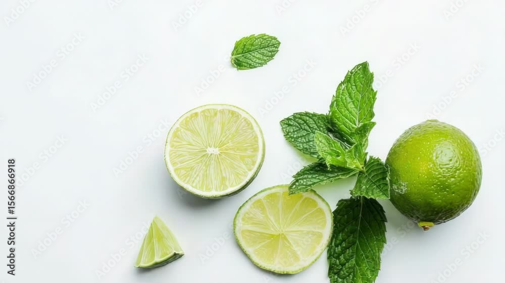 Poster A close-up of limes and mint leaves arranged on a white surface, ideal for use in still life photography or as a decorative element