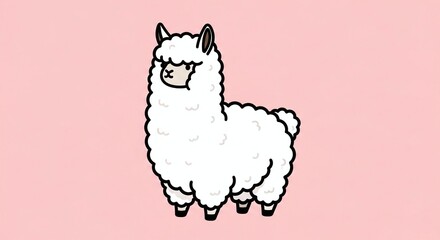 A cartoon illustration of a fluffy white llama with black outlines on a light pink background color