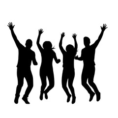 Four People Silhouettes Jumping Joyfully with Arms Raised High in Celebration