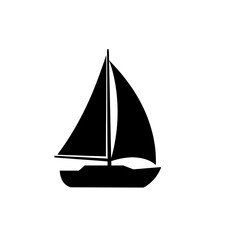 A black silhouette of a sailboat with two triangular sails against a white background representing a vessel for sea travel and recreation