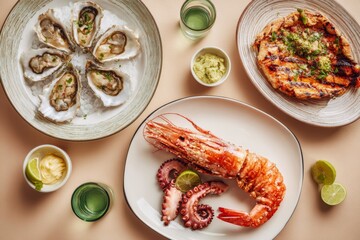 Seafood Delights Oysters, Grilled Prawns, and Octopus with Vibrant Colors