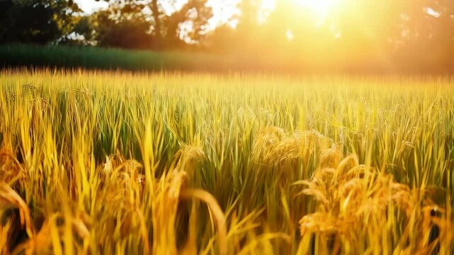 Golden paddy rice field, sunlight on ripe rice plants, agriculture background, abundance of grain crops, organic farming texture, close up of stalks