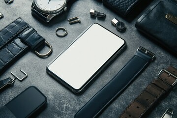 Different Lifestyle Accessories Lie on the Table Such as Phone, Belt, Cufflinks, Watches