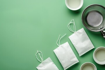 Ultra Hd Visual of Tea Strainer Tea Bag and White Boxes on Green Background