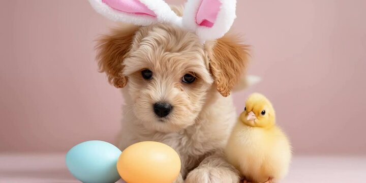 A fluffy puppy with bunny ears poses with baby yellow chick bird and pastel easter eggs on pink background
