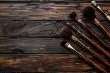 Sharp Image of Top View Brushes Arrangement on Wooden Background