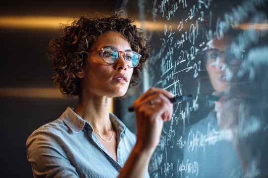 Woman intently working on a chalkboard covered in equations.
