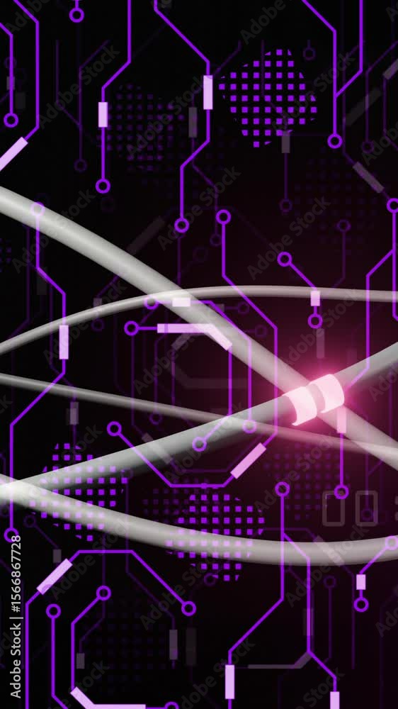 Poster animation of digital data processing and glowing network of connections on dark background