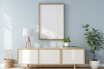 Mockup Frame on Cabinet in Living Room Interior on Empty Dark Blue Wall Background
