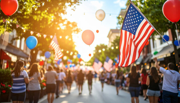 A vibrant city street during a 4th of July parade, people waving flags, balloons flying, festive summer vibe