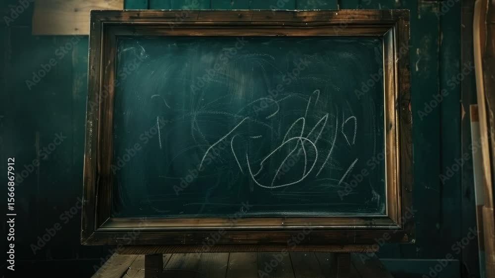 Poster a blackboard sits on top of a wooden table, providing a clean surface for writing and learning