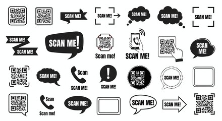 A collection of various scan me icons and qr codes in black and white on a white background design