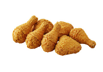 Golden-brown crispy fried chicken platter with drumsticks, thighs, wingettes, on white parchment on an elegant oval white ceramic plate with black stripes, against a clean white background with copy