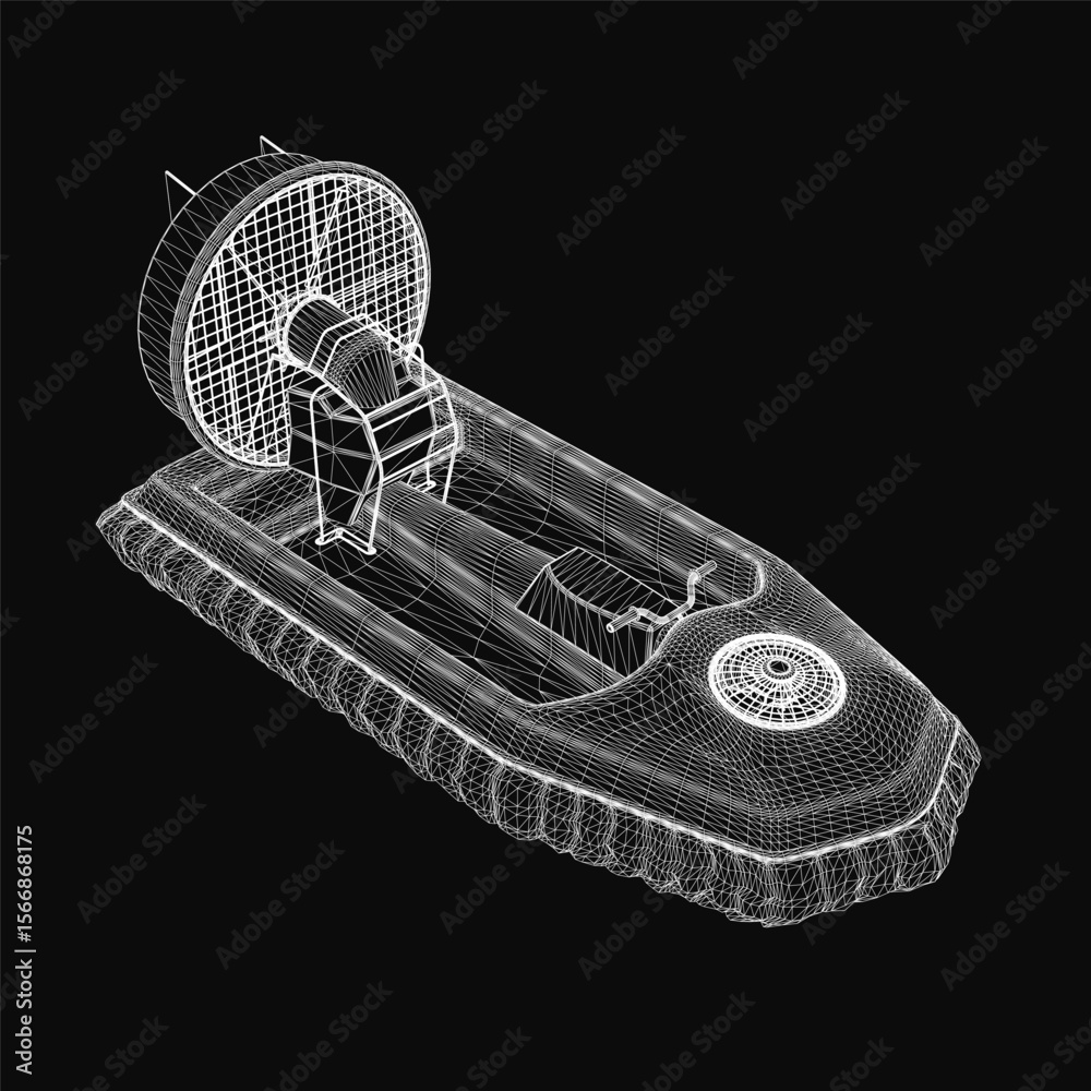 Poster a 3d model of a hovercraft blueprint floats on a black background, featuring intricate lines and smo