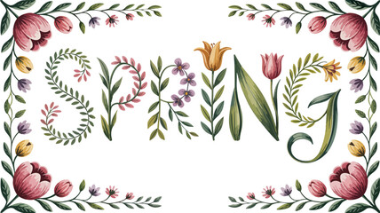 Elegant Floral Spring Typography Illustration with Hand-Drawn Flowers and Leaves Frame on White Background for Seasonal Design