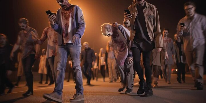 A zombie horde during an undead viral outbreak glued to their smartphones and mobile electronics devices using social media