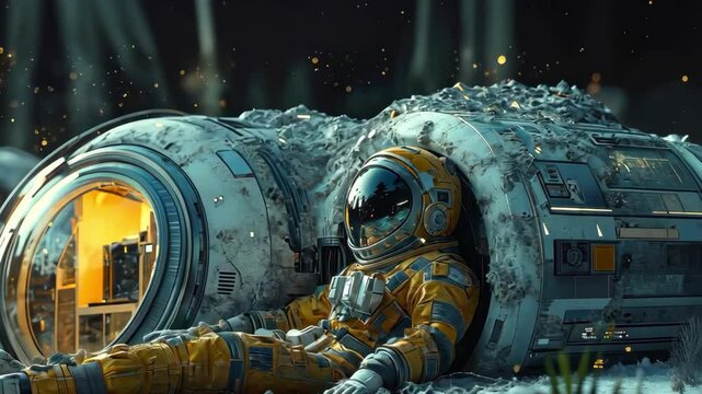 Astronaut rests by crashed spaceship on an alien planet landscape