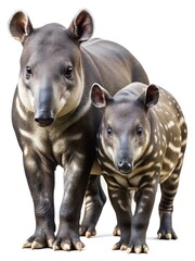 Obraz premium Two Malayan tapirs, adult and juvenile, stand together on a white background
