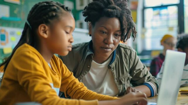 A woman and young girl sitting together in front of a laptop, possibly working or learning something