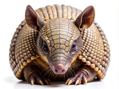 Close up portrait of an armadillo looking directly at the viewer