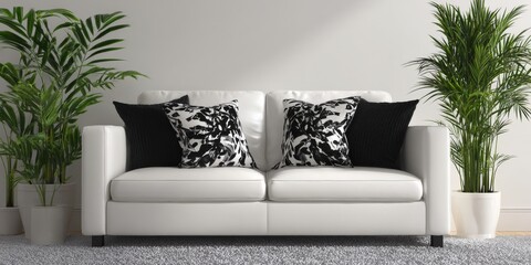 Modern Living Room Interior Design White Sofa with Black and White Patterned Pillows