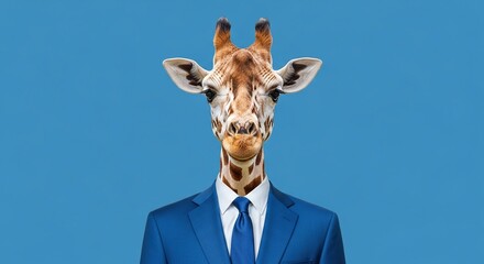 Close up of a giraffe head wearing a blue suit and tie against a solid light blue background portrait © CREATIVE SITE