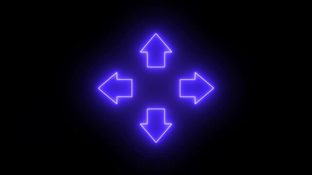 Four arrows, abstract direction neon arrow sign icon animation. Bright neon color abstract neon line glowing 4 side arrows animation.
