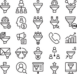 Collection of marketing and sales funnel icons representing lead generation customer acquisition and business growth strategies