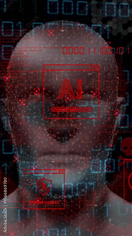 Poster AI and virus warnings over human head with binary code background