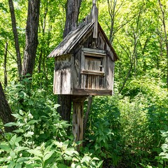 Wooden post box nestled within a lush forest.