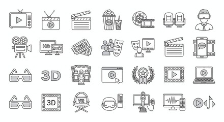A collection of movie and entertainment icons in black and white outline style on a white background