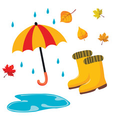 set of autumn stickers leaves, umbrella, raindrops and puddle, boots on white background