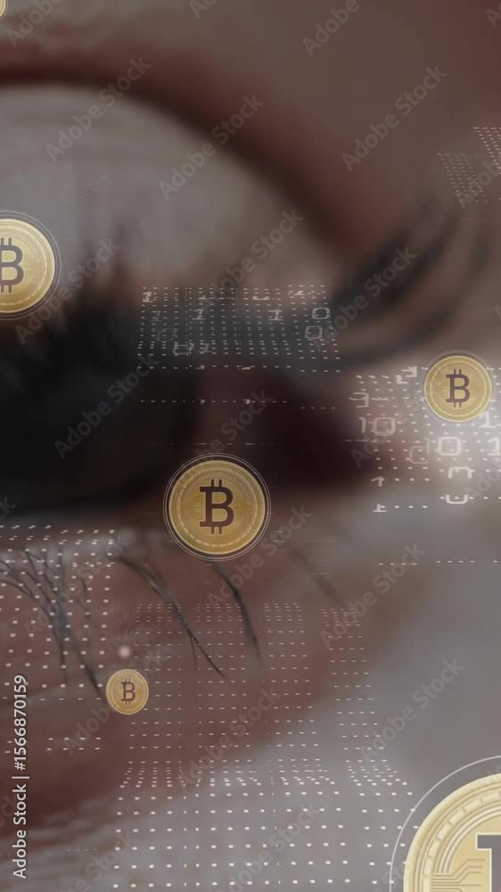 Poster bitcoin symbols and binary code animation over close-up of human eye
