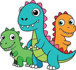 Three Cartoon Dinosaurs Smiling and Ready for Fun – Cute Prehistoric Character Set